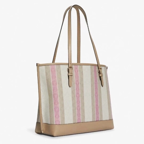 NWT Coach Pink and Tan Striped Tote Handbag - Picture 2 of 6